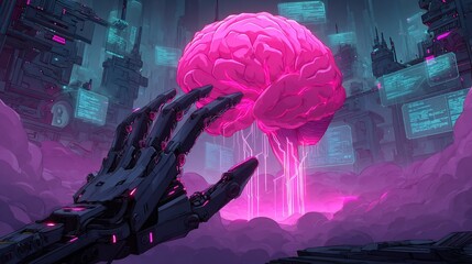 Cybernetic Hand Reaching for Glowing Brain in Futuristic Cityscape.