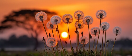 Dandelion Seed Heads Silhouetted Against Fiery Sunset Golden Hour Natures Beauty.
