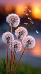 Dandelion Seeds Floating in Sunset Light Dreamy Nature Scene.