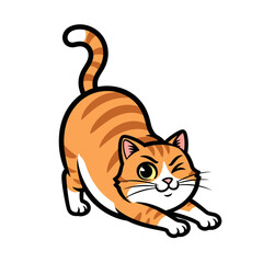 Cute Tabby Cat Mascot Stretching and Winking Isolated on White Background.