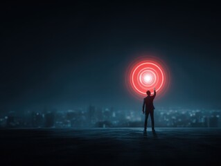 Fototapeta premium Goal Oriented Success Strategy Digital Future Interface Night Cityscape Touching Achievement Technology Targeting Red Hologram Reaching for Target Man Business Suit