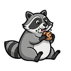 Raccoon Cartoon Happily Eating a Chocolate Chip Cookie. Isolated Vector Illustration.