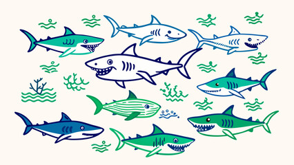 Blue Green Cartoon Shark Set Illustration Marine Life Seaweed Tropical Fish