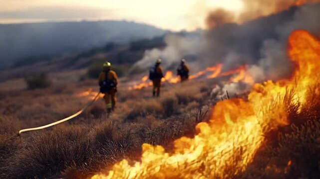 Group of firefighters marching through a green meadow, possibly after a training exercise or heading to a fire scene