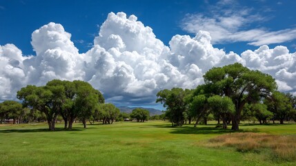 Dramatic Cumulus Clouds Over Lush Green Meadow and Trees.