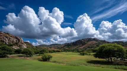 Dramatic Cumulus Clouds Over Lush Green Valley and Rocky Mountains.