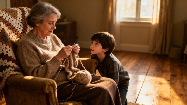 Elderly woman knitting while seated in armchair with young boy nearby   - Powered by Adobe