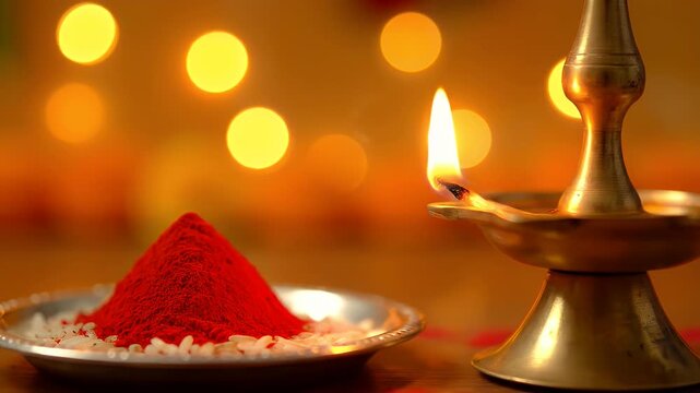 Traditional Indian Lamp Illuminated with Red Powder and Rice for Spiritual Rituals against a Bokeh Background of Warm Golden Lights