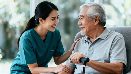 Obraz premium Female caregiver assisting elderly man while smiling in bright room 