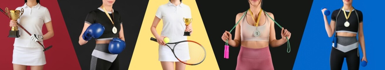 Set of sporty women with awards on color background