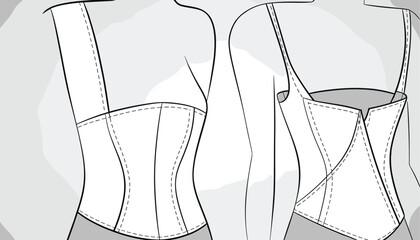 Corset technical sketch, front and back view, fashion flat, garment construction, vector template, cad drawing flat vector illustration