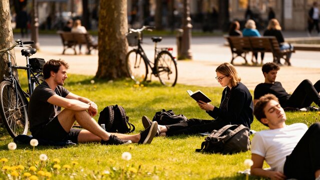 Group of young people relaxing and reading books in park grass - Powered by Adobe