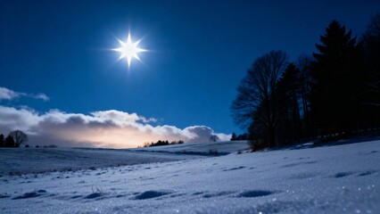 Fototapeta premium Winter landscape with snow-covered field and bright starry night 