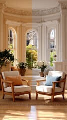 Elegant Interior SplitTone Room with Armchairs Windows and Floral Arrangements.