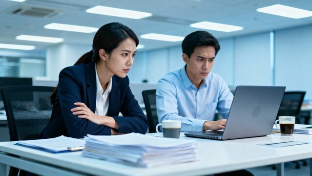 Young Asian colleagues working and showing tension in office setting  