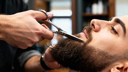 Man getting beard trimmed by barber with scissors in salon