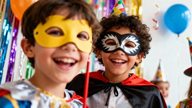 Happy children wearing masks and costumes at a birthday party