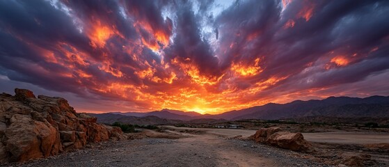 Fiery Sunset Over Desert Landscape Dramatic Clouds Mountains and Road.