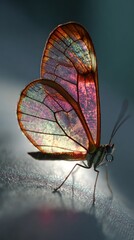 Glasswing butterfly, light shining through iridescent wings on a dark surface