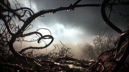 Gloomy scene with dark branches, raindrops, and a foggy, overcast sky in background