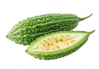 Green bumpy gourd sliced open revealing seeds bitter isolated on a transparent background