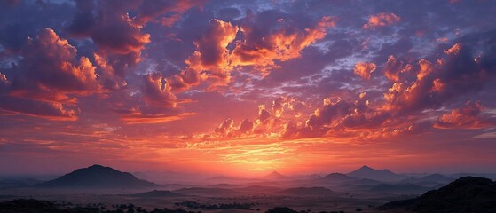 Fiery Sunset Over Desert Mountains Dramatic Sky Orange and Purple Hues.