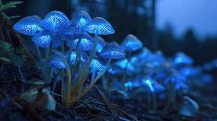 Glistening blue bioluminescent mushrooms clustered in the shadowy, mossy undergrowth