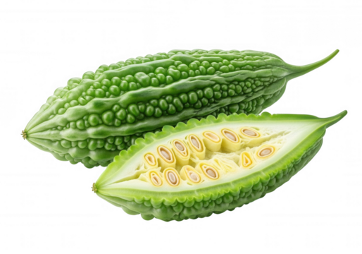 Green bumpy gourd sliced open revealing seeds bitter isolated on a transparent background