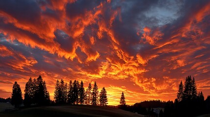 Fiery Sunset Sky Above Silhouetted Trees Dramatic Cloudscape Vibrant Colors.
