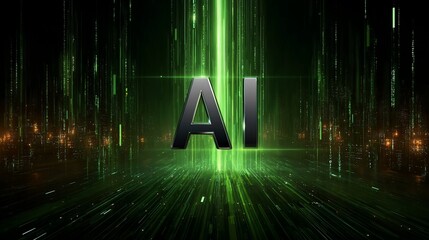 Futuristic AI Concept Glowing Green Lines and Metallic AI Letters.