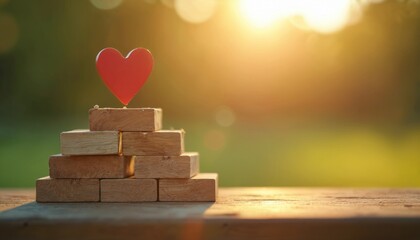 Red heart sits atop stacked wooden blocks forming a pyramid shape. Represents love foundation stability and relationship growth during sunset outdoor light.