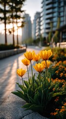 Golden Tulips Bloom in Urban Garden Sunset Light Cityscape Backdrop.