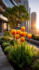 Golden Tulips Bloom in Urban Oasis with Sunset Glow and City Skyline.