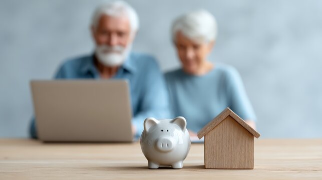 Senior couple using a laptop are planning a house purchase, with a piggy bank and a small wooden house model representing savings and real estate investment