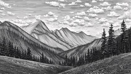 A black and white drawing of mountains, pine trees, and clouds