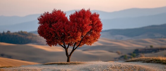 HeartShaped Red Tree in Autumn Landscape Serene Sunset Tuscany Italy.