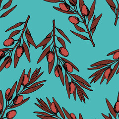 Seamless pattern with olive branch. Ink hand drawn olives background. Botanic plant vector illustration for print, fabric, textile. A sprig of an olive tree with leaves. Food concept.