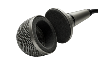 Extreme close-up macro of professional silver microphone with unscrewed head revealing intricate internal acoustic components, dramatic cinematic lighting on gray, technical precision concept