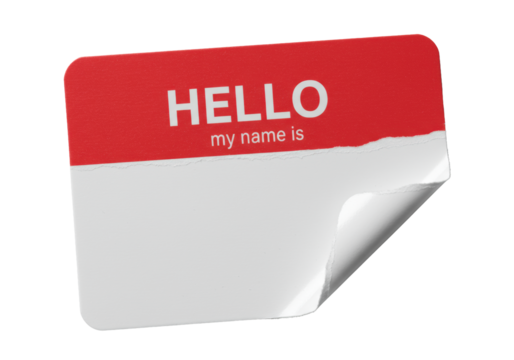 Photorealistic macro close-up: rectangular name tag, red 'HELLO' top, blank white with peeled corner revealing adhesive, isolated on transparent, concept of detailed texture.