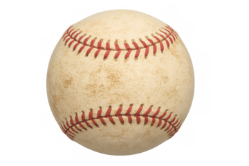 Baseball ball with worn leather and red stitching, creating a vintage look. Ready for various sports and recreation themes
