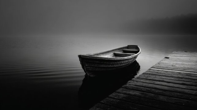 A monochrome shot shows a lone rowboat docked beside a weathered wooden pier. The lake is still, and a hazy fog obscures the distant trees - Powered by Adobe