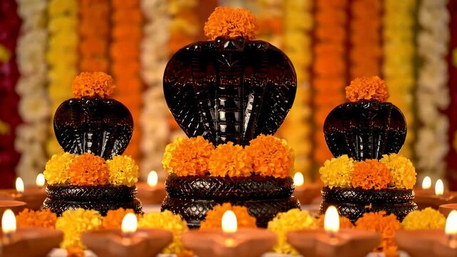 Religious Serpent Statues Adorned With Marigolds And Lit Diya Lamps Create A Sacred Atmosphere