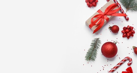 Christmas decorations on white background with space for text