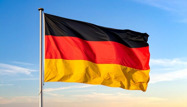 Generated imagA vivid image of the German national flag flying on a flagpole against a bright blue sky with scattered clouds. The flag features three horizontal stripes of equal width: black on top, e