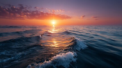 Ocean Sunset Waves Reflecting Golden Sunlight Dramatic Sky Serene Landscape.