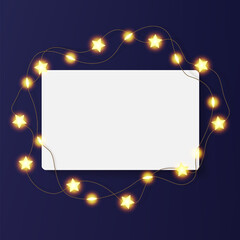 Rectangle picture frame on dark blue bg. Illuminated by glowing led stars, light bulb warm garland. Horizontal print festive greeting card container mockup. Luxury empty board Christmas gallery wall