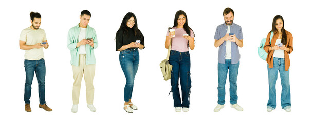 Diverse people using smartphones on white background