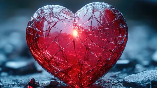 A broken red heart sits alone on a rock, symbolizing sorrow or lost love