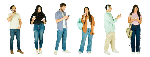 Group of people using smartphones on white background
