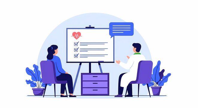 A doctor discusses health checklist items with a patient during a consultation, highlighting the importance of proactive healthcare and patient engagement in modern medicine.